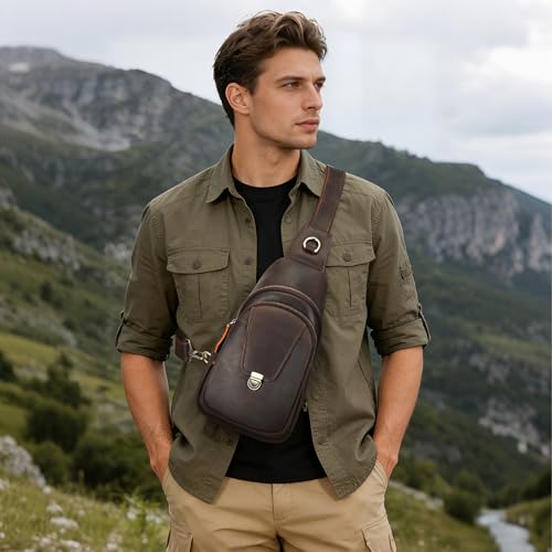 Image of NIUCUNZH Genuine Leather Sling Bag Front Metal-Latch Crossbody Bags Handmade Vintage Chest Shoulder Backpack for Women Men