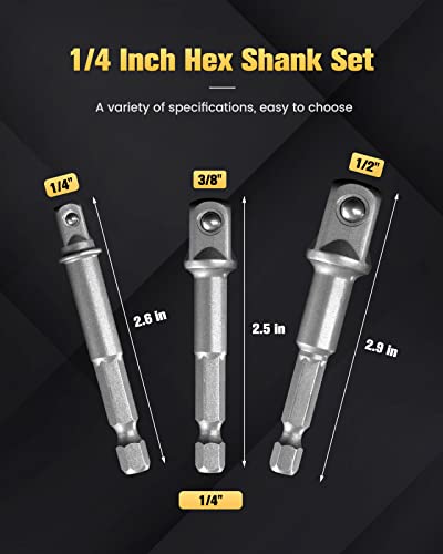 Boen Impact Grade Socket Adapter Set, 3-Pcs Drill Bit Adapter With Bit Holder, Sizes 1/4", 3/8", 1/2", 1/4-Inch Sae Hex Shank, Cr-V, For Cordless Drill & Screwdriver, Power Drill & Driver #TOP1