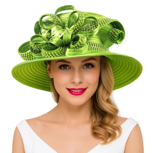 Women Derby Church Dress Cloche Hat Fascinator Floral Tea Party Wedding Bucket Hat S052(SD724-Flower-Green)