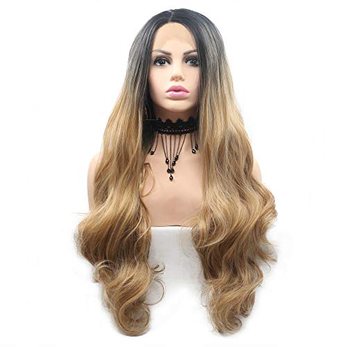 New Style Heat Resistant Blonde Ombre Black Brown Two Tone Color Long Hair Handmade Synthetic Lace Front Wigs for Drag Queen Natural Hairline Middle Part Body Wave Women's Cosplay Replacement Wig 26