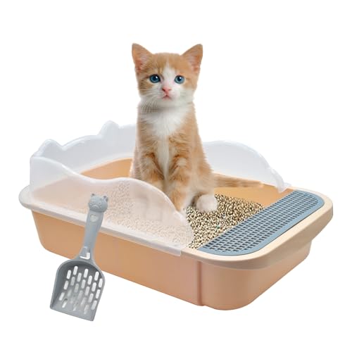 Image of Open Cat Litter Box with High Side,Anti-Splashing Cats Litters Pan,Kitten Toilet with Litter Sifting Scoop,Semi-Enclosed Removable Kittens Litter for Boxes Easy to Clean No Odork(Khaki)
