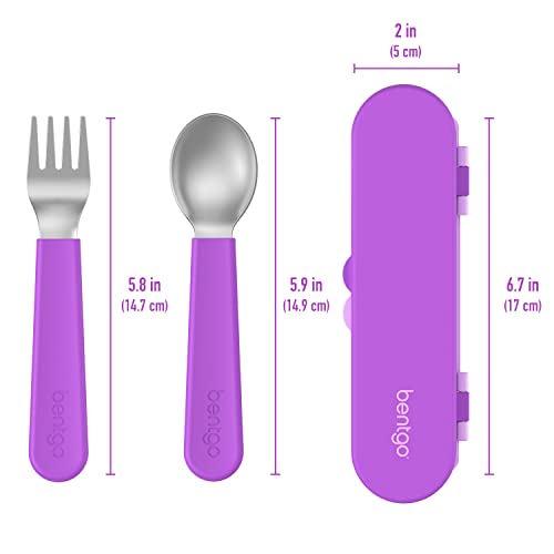 Image of Bentgo Kids Stainless Steel Utensil Set - Reusable Fork, Spoon & Storage Case, PFAS- & BPA-Free, Easy-Grip Handles, Lightweight, Dishwasher Safe, School Lunch, Travel & Outdoors (Purple)