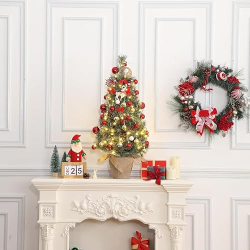 3ft Pre-Lit Artificial Mini Christmas Tree with Vintage Potted Base, Christmas Tree with Flocked Snow 78 White Led Lights and Red Berries, Holiday Decor for Home, Entrances, Bedroom
