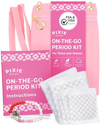 Pixie First Period Kit for Girls 9-12 - Best Organic Cotton Teen Pads with Wings - Period Tracking Bracelet & Discreet Crossbody Bag - On-the-Go Tween Starter Kit & Feminine Care Hygiene Essentials