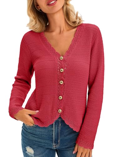 Image of Saodimallsu Womens V Neck Cardigan Sweaters Button Up Cropped Boho Knit Long Sleeve Loose Trendy Sweater Tops