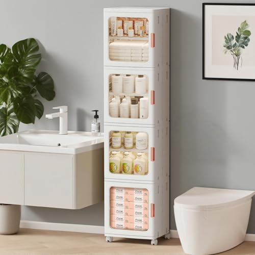 KINDLYF 4-Tier Narrow Storage Cabinet Foldable Plastic Bathroom Organizers with