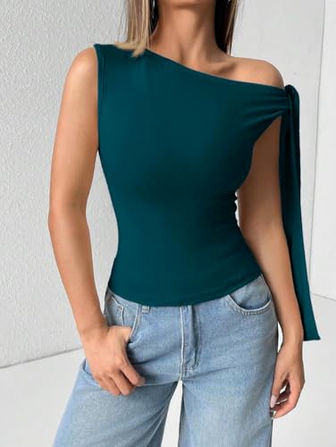 Image of TIVANTE Solid Asymmetrical Shoulder Tie Strap Crop Top for Women