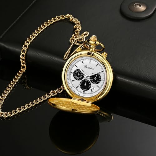 Image of BOSHIYA Smooth Quartz Pocket Watches for Men Multifunctional Chronograph Classic Vintage Mens Womens Pocket Watch with Chain Christmas Graduation Birthday Gifts Fathers Day