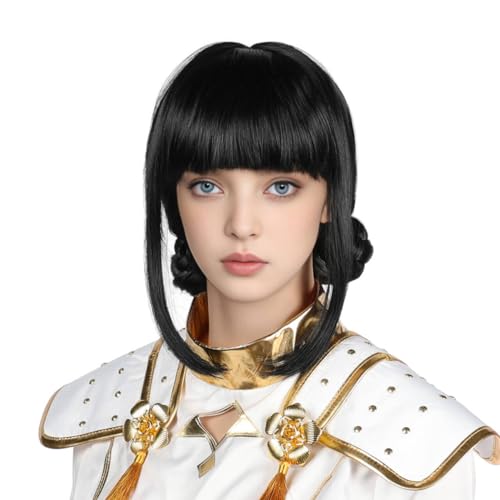 Short Black Wigs With Bangs,Black Wig With Bunss and Braids,Cartoon Movie Cosplay,Synthetic Hair,Heat Resistant Fiber,Halloween Costume Adult Accessory