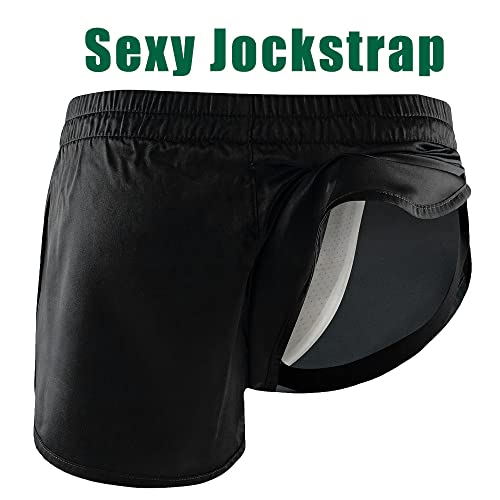 Rexcyril Men\'s Boxer Jockstrap Sexy Underwear, Silky Satin Split Side Gym Running Active Shorts, Black, Medium