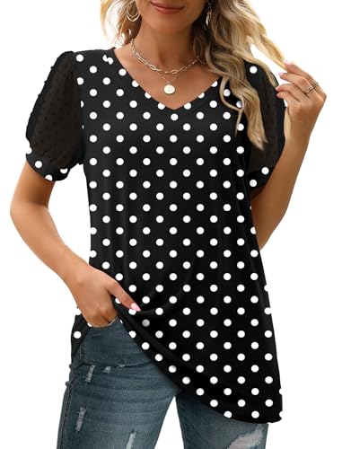 Image of Aokosor Womens Summer Tops V Neck T Shirts Swiss Dot Puff Sleeve Tops Loose Casual Tshirts