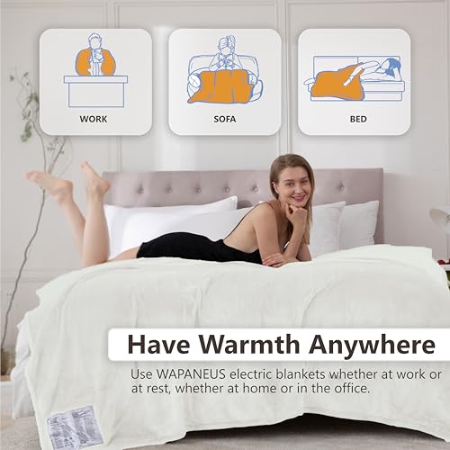 Image of Wapaneus Heated Blanket Electric Full Size 72 inchx84 inch with 10 Heating Levels 12 Timer Settings and 8 Hours Auto-Shut Off,Flannel Fast-Heating Electric Blanket,ETL Listed Machine Washable,Ivory