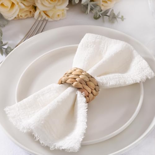 Image of MLMC 10 Pack Ivory White Cloth Napkins with Fringe Boho Linen Napkins Washable Reusable Rustic Dinner Table Decor 17 inchx17 inch for Wedding Party Bridal Baby Shower Home Decor