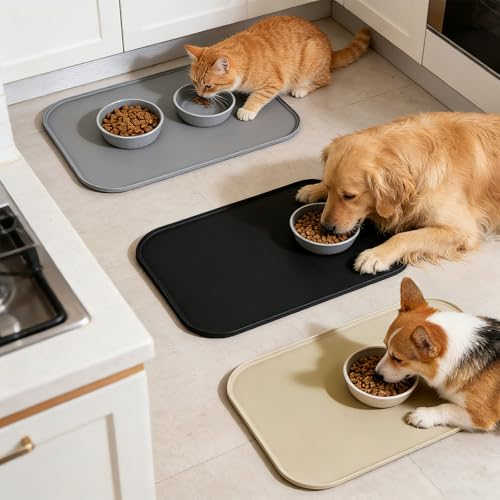 Rzspher 3-Teiliges Set Wasserfeste Silikon Futtermatte, 27CM* 47CM wasserdichte und rutschfeste Silikon Fressnapf Unterlage, Leicht zu Reinigende Fressnapf-Unterlage für Hund und Katze
