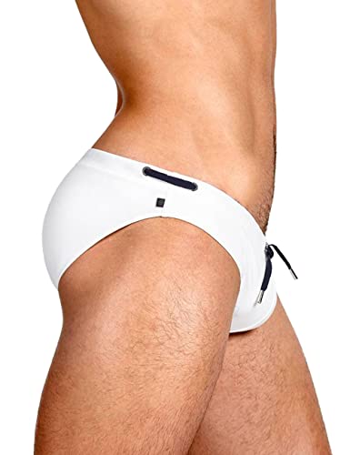 Mizok Men's Sexy Low Rise Swimwear Bikini Swimming Briefs Drawstring Quick Dry Beach Swimsuits White M #TOP1