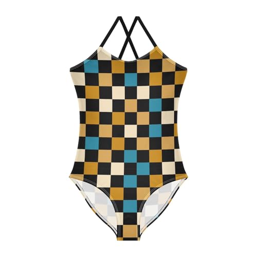 Image of Black and White Chess Girls One Piece Swimsuits Board Marble Tile Sport Halter Swimwear Beach Bathing Suit 3T