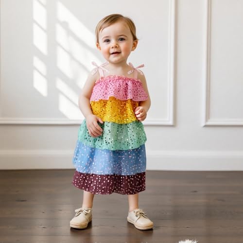 Kids Girls Dresses Tie up Sleeveless Sequins Contrast Color Layered Summer Dress Bowknot Strap A-line Sundress3