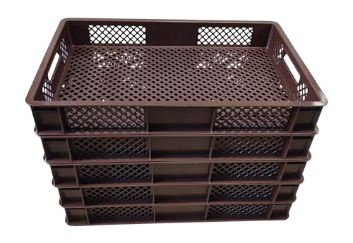 kanister-vertrieb® 5 x Eurobehälter/Stapelkorb durchbrochen, PE-HD Kunststoff, Industriequalität, lebensmittelecht, LxBxH 600x400x90 mm, braun