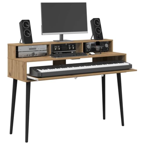 Image of vidaXL Studio Desk Artisan Oak 130 x 42.5 x 36 cm Engineered Wood, Modern Studio Desk, Functional Music Workspace, Engineered Wood Keyboard Furniture, Minimalistic Room Setup