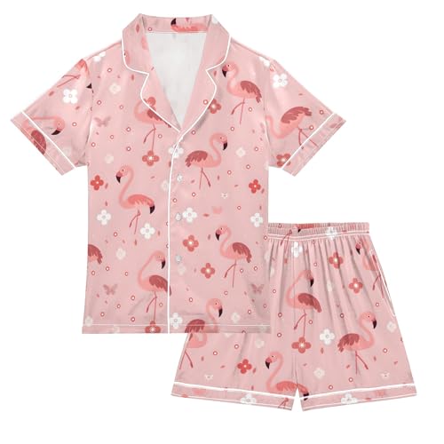 Flamingo with Pink Floral Summer Satin Pajama Set, Cute Button-Down Sleepwear Pj Set for Sleep Wears