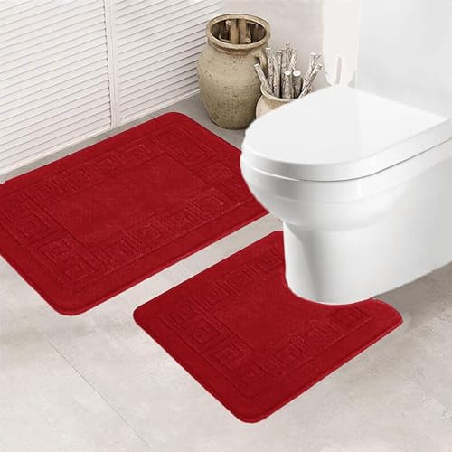 GREEK STYLE BATH MAT PEDESTAL SET NON SLIP TOILET BATHROOM RUGS 2 PIECE (Red)
