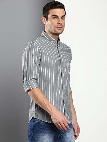Image of Dennis Lingo Men's Striped Slim Fit Oxford Cotton Casual Shirt with Button Down Collar & Full Sleeves