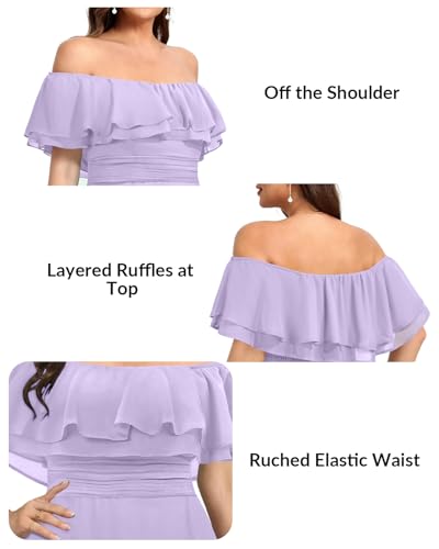 Image of Pinup Fashion Plus Size Formal Bridesmaid Wedding Guest Chiffon Long Dress | Chiffon, off-the-shoulder neckline, layered ruffles, ruched elastic waist, floor-length, evening party, wedding guest