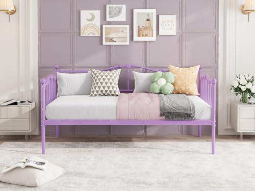 Image of GarveeHome Twin Size Daybed Frame, Metal Platform Sofa Bed with Stylish Headboard, Heavy Duty Steel Slat Support, Space Saving for Living Room /Bedroom /Guest Room, No Box Spring Needed, Purple