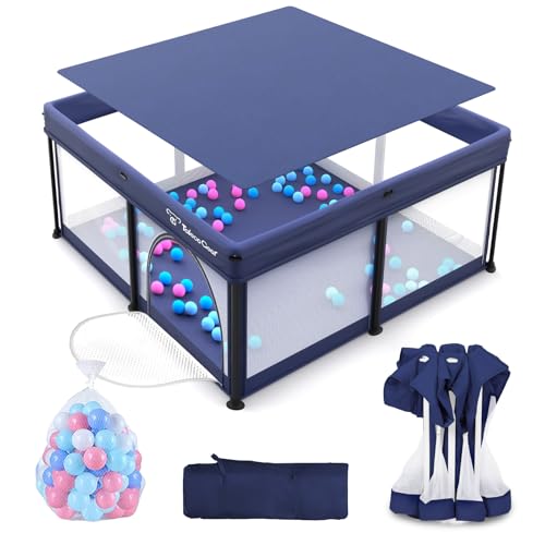 Image of Foldable Baby Playpen for Babies and Toddlers, 50x50 Inch Portable Play Yard, Collapsible Play Pen with Mat, Visible Mesh, 50 Ocean Balls, Indoor /Outdoor Baby Fence Activity Center for Home