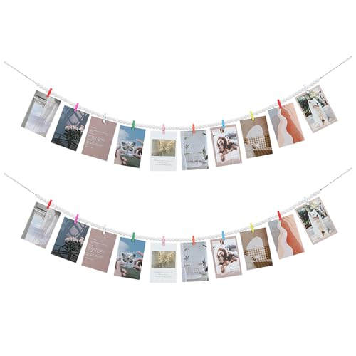 Hanging Photo Display with Clips, Boho Wooden Bead Garland Collage
