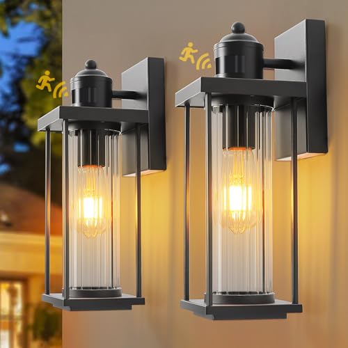 2 Pack Motion Sensor Outdoor Light Fixtures Wall Mount, Dusk to Dawn Front Porch Lights for House, Exterior Wall Sconce, Black Waterproof Lantern Lamp,Outside Coach Light for Garage Entryway Yard