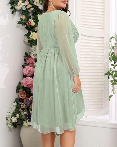 Image of Talisea Plus Size Cocktail Dress - Formal Wedding Guest Fall Long Sleeve A Line Pleated V Neck Midi Dresses for Curvy Women