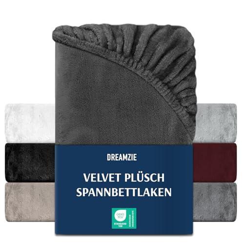 DREAMZIE Premium Frottee Spannbettlaken 180 x 200-200x200, Cashmere-Touch Bettlaken Jersey Fleece Spannbetttuch Laken, Dunkelgrau