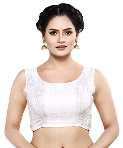 Madhu Fashion Womens Silver Benaras Brocade Sleeveless Readymade Blouse (Silver, 32)