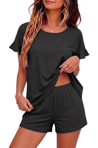 Image of Ekouaer Womens Cotton Pajama Set Ruffle Sleeve Top and Short Soft Sleepwear | Comfy Cotton Loungewear Crewneck Sleepwear with Pockets for mom, wife or grandmother