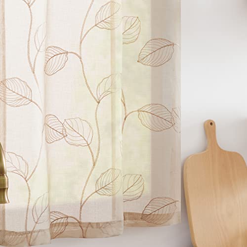 Jinchan Beige Sheer Kitchen Curtains 24 Inch Leaf Embroidered Tier Curtains Botanical Cafe Curtains Floral Embroidery Small Window Curtains Rod Pocket Voile For Laundry Room Bathroom Rv 2 Panels #TOP6