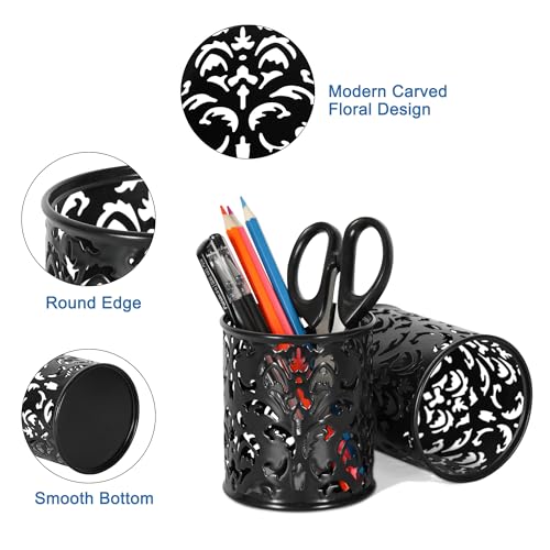 EasyPAG Black Pen Holder for Desk, 2 Pack Round Pen Organizer, Brush Holder for Vanity, Metal Pencil Cup Organizer for Home, Office, Classroom, School - Thumbnail 2