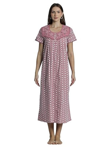 Image of 9shines Label Stylish Chikankari Cotton Nighty Maxi for Women | Full Length Nightgown | Nightdress with Pocket | Embroidery Nighty | Soft Comfortable Cotton Nightwear (1545)