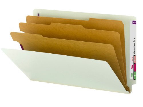 Smead 100% Recycled End Tab Pressboard Classification File Folder with SafeSHIELD Fasteners, 3 Dividers, 3" Expansion, Legal Size, Gray/Green, 10 per Box (29820)
