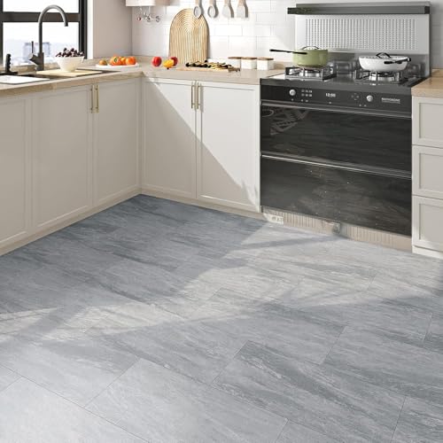 FunStick 15 Pcs 12\"x24\" Flooring Tile Peel and Stick Floor Tile Waterproof Grey Marble Vinyl Flooring for Bathroom Peel and Stick Wall Tiles Renter Friendly Floor Stickers for Kitchen Bedroom Flooring