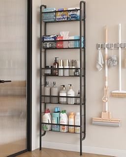 UMDONX Narrow Metal Storage Shelf, 5 Tier Bathroom Rack Organiser, Kitchen Behind Door Slim Shelving Unit Multifunctional (Black 9.5cm Width)