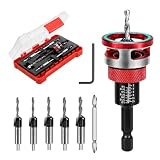 7-Piece Countersink Drill Bit Set with Aluminum Alloy Stop Collar, a Screwdriver Bit, 5 HSS M2 Bits and a Wrench, 1/4' Hex Shank Countersink Drill Bit for Woodworking