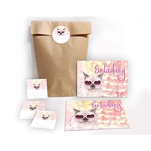 JuNa-Experten Lot de 12 cartes d’invitation pour anniversaire d’enfant fille garçon chat avec 12 enveloppes et 12…