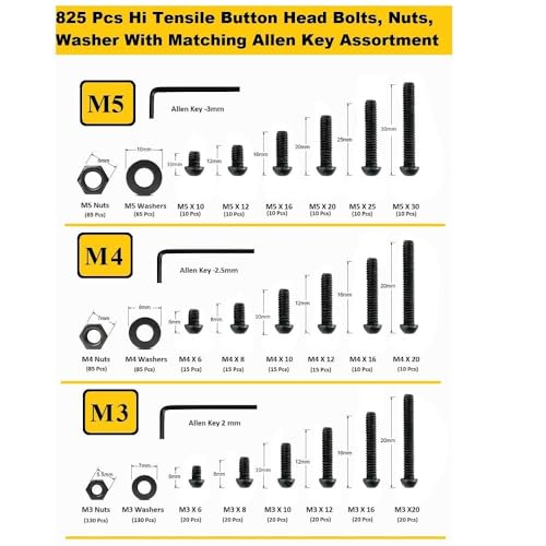 Image of Epi-Torque; The Epic Torque #Doityourself High Tensile Button Head Bolt M3 M4 M5 Assorted Lengths 6MM-30MM Pack of 825 Pcs with Plastic Box Assortment