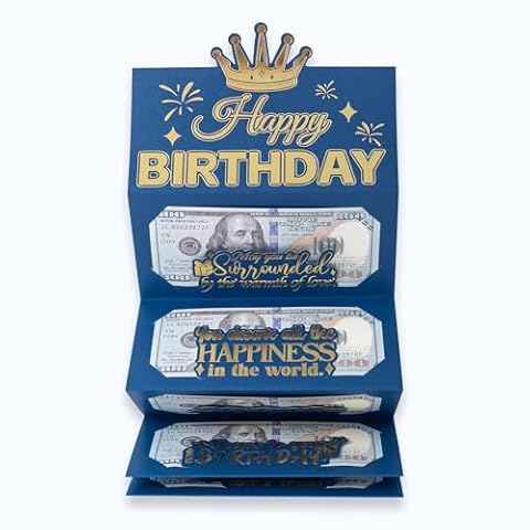 HOMANGA Birthday Money Envelope for Cash Gifts, Surprise Cash Envelope for Men Women Kids, Birthday Gift Card for Men Women Girls Boys, Blue Gold Birthday Money Holder Cover