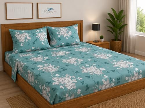 Image of 255 TC Glace-Cotton All Around Elastic Fitted Bedsheet, Elastic Fitted Bedsheet King Size Bedsheet for Double Bed with 2 Pillow Covers, Size - 72 x 78 x 8 Inch Color White