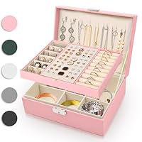 Eucomir Jewellery Box for Women, Travel Jewellery Box 2 Layers Large Jewelry Organizer Box PU Leather Jewelry Box for Girls Rings Bracelets Earrings Necklaces, Light Pink