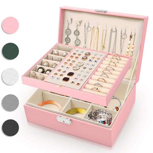 EUCOMIR - Caixas de joias para mulher, caixa de joias de viagem de 2 camadas, organizador de joias, caixa de joias de couro PU para anéis, pulseiras, pendentes, colares, Rosa Claro