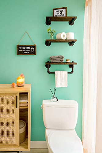 Mkono Floating Shelves With Industrial Pipe Brackets And Towel Bar, Set Of 3 Rustic Bathroom Shelf Wall Mounted Shelves Wood Storage Shelving Home Decor For Bedroom Kitchen Living Room #TOP4