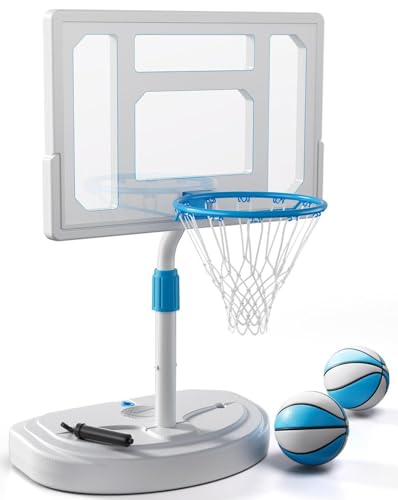 Swimming Pool Basketball Hoop, Stainless Steel Adjustable Poolside Basketball Goals System with 32 Inch Shatterproof Backboard, 2 Balls & Pump Included
